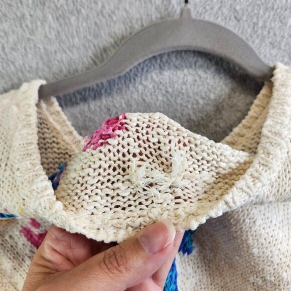 Vintage Sweater Womens L Cream Floral Crochet Open Knit 80s Skating Rink Prop - Picture 7 of 14